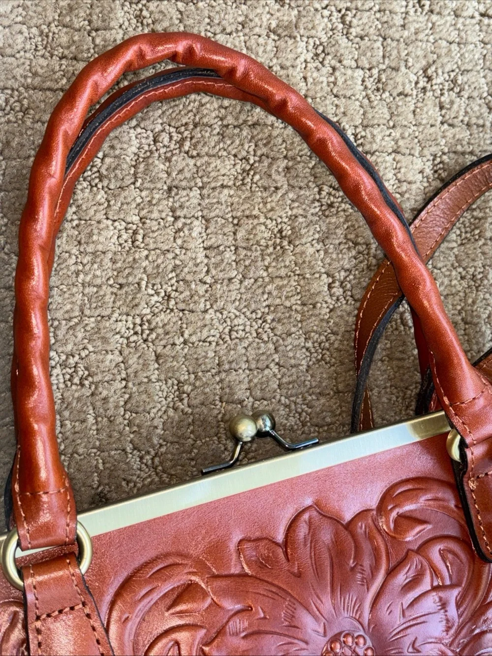 Patricia Nash luxury designer brown Leather handbag embossed floral design